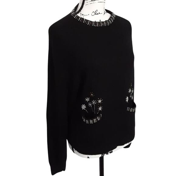Vintage 80s Silk Angora Blend Black Beaded Pocket Flower Sweater Womens L - Picture 5 of 11